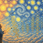 Ethereal digital painting blending Van Gogh's 'Starry Night' swirls with sci-fi precision