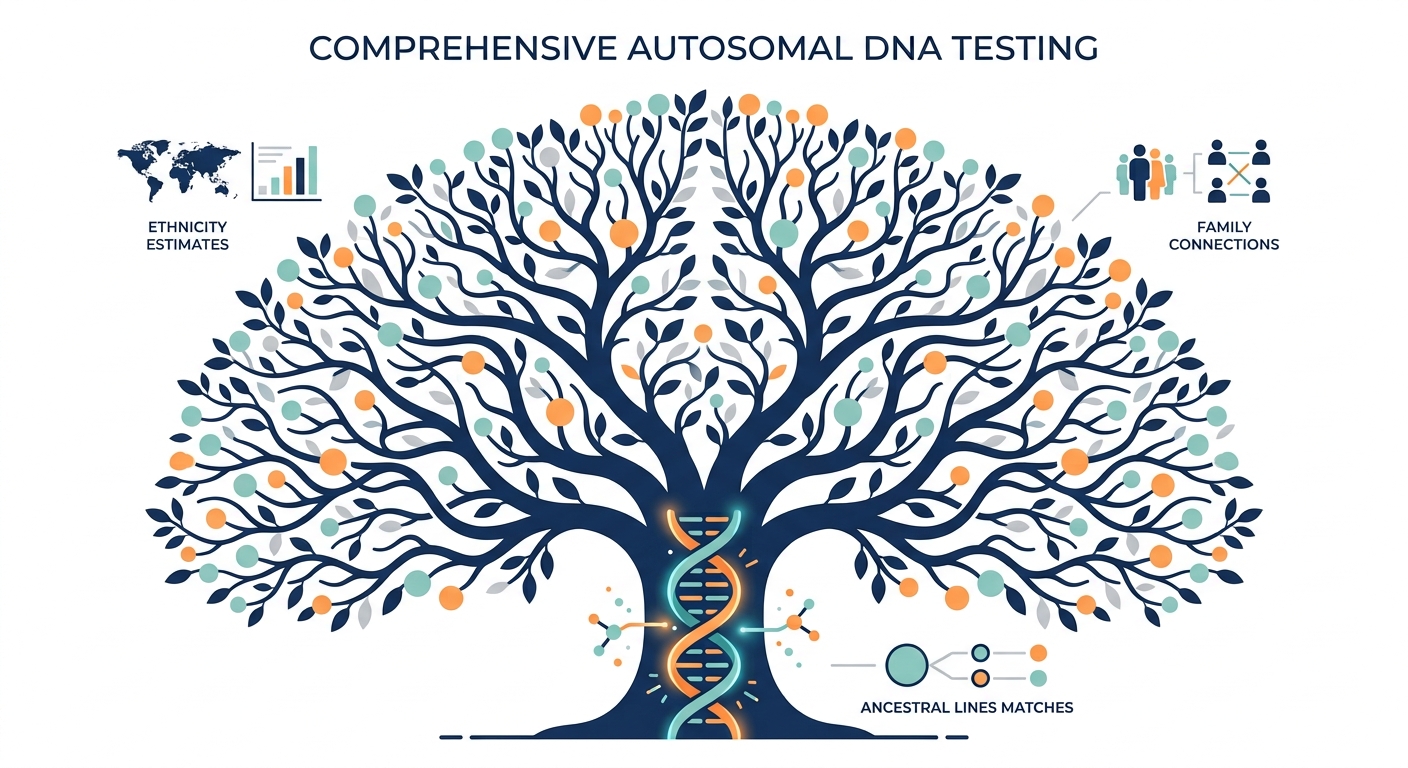 Modern illustration of autosomal DNA testing mapping all branches of a family tree.