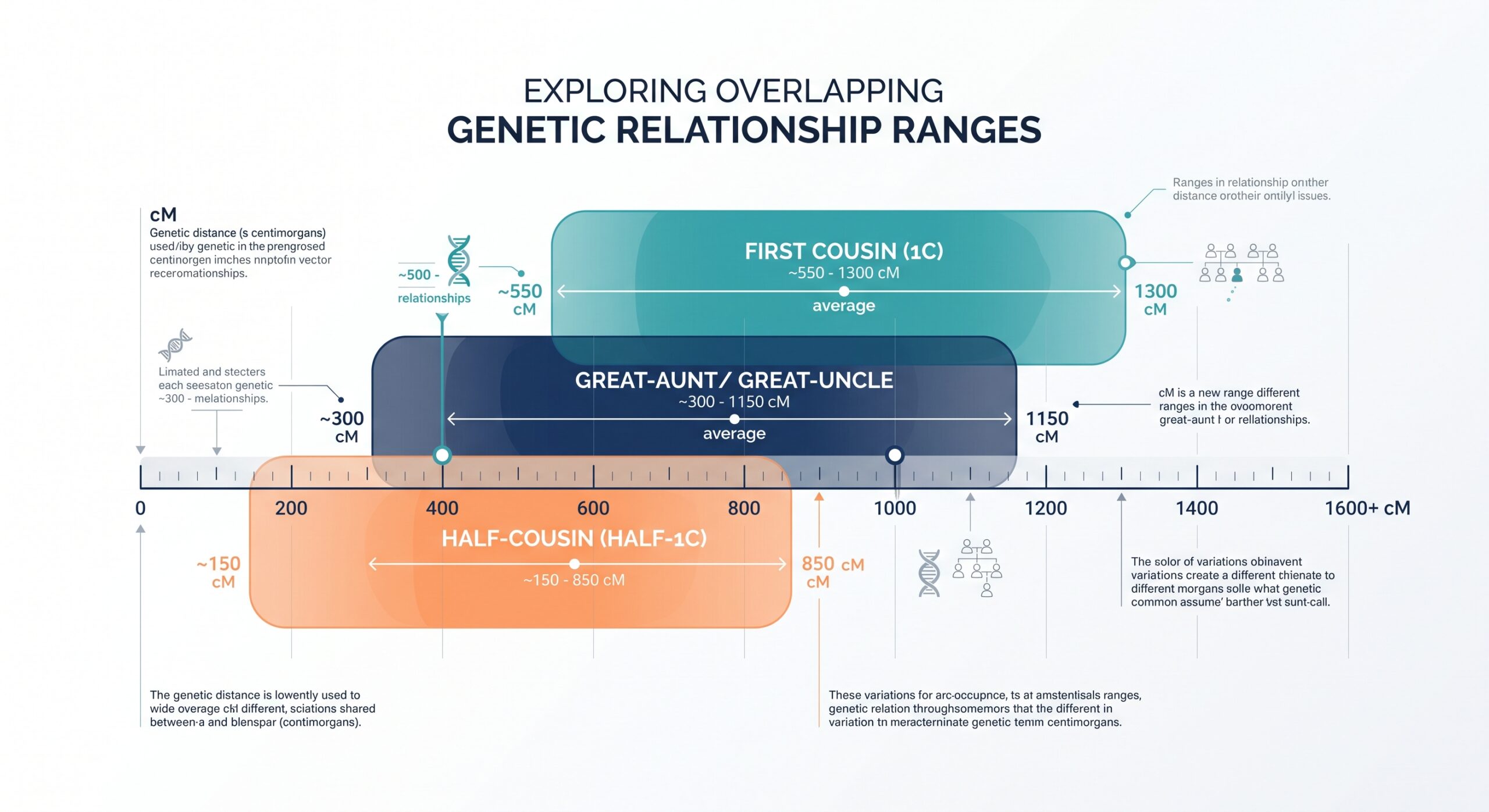 Statistical chart showing overlapping relationship ranges for shared DNA measured in centimorgans.