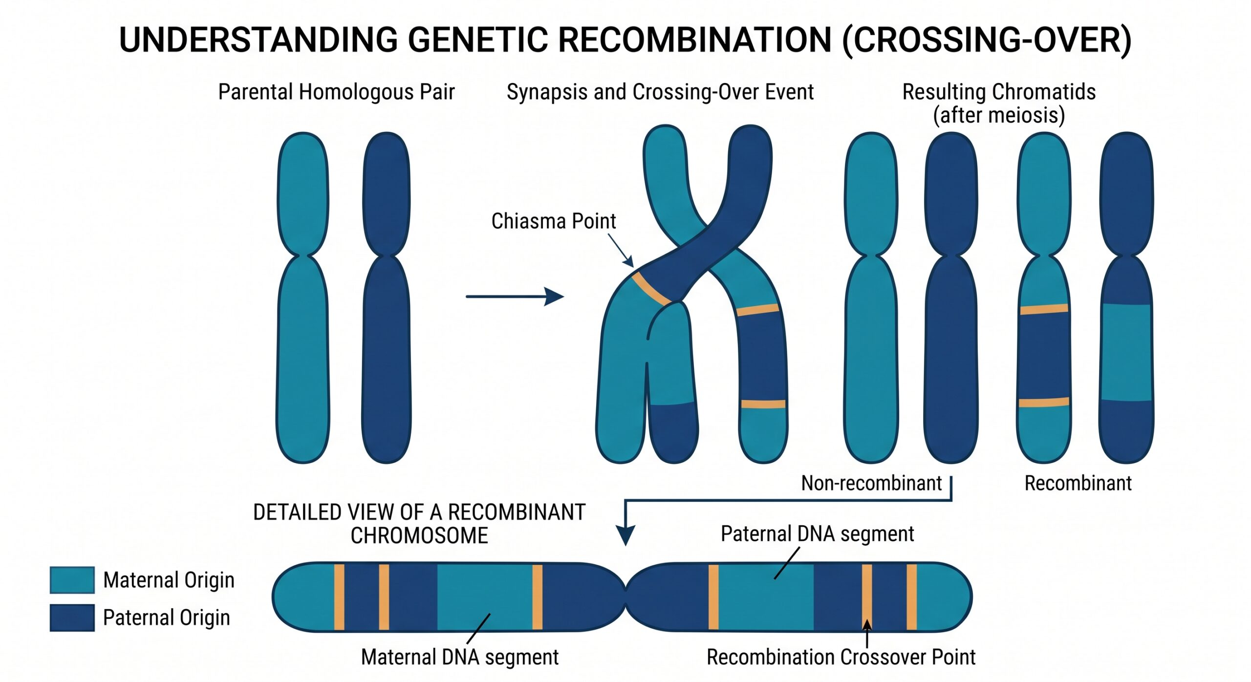 Diagram showing how random recombination mixes DNA from grandparents to grandchildren.