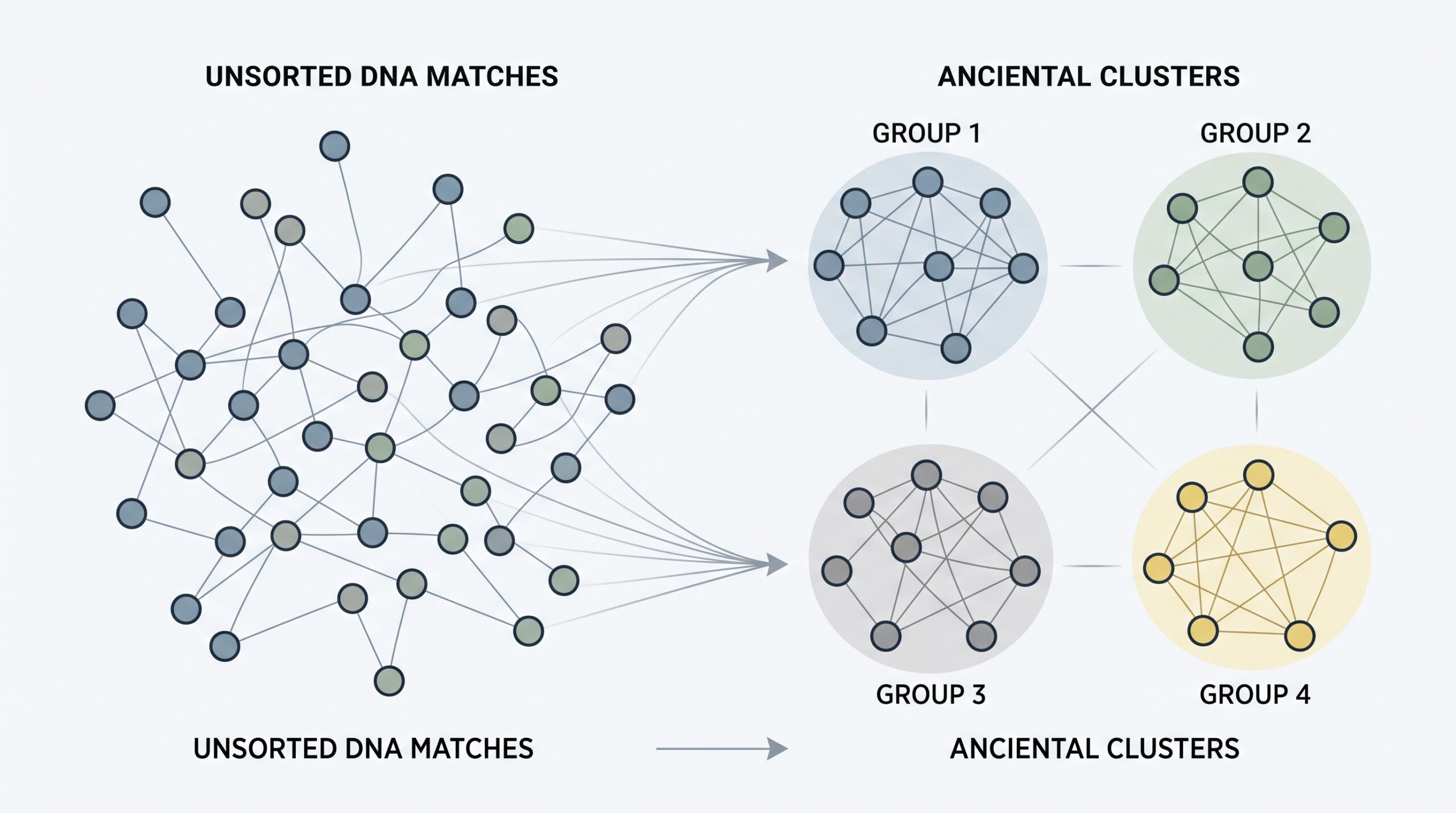 Illustration showing unsorted DNA matches organized into four ancestral clusters