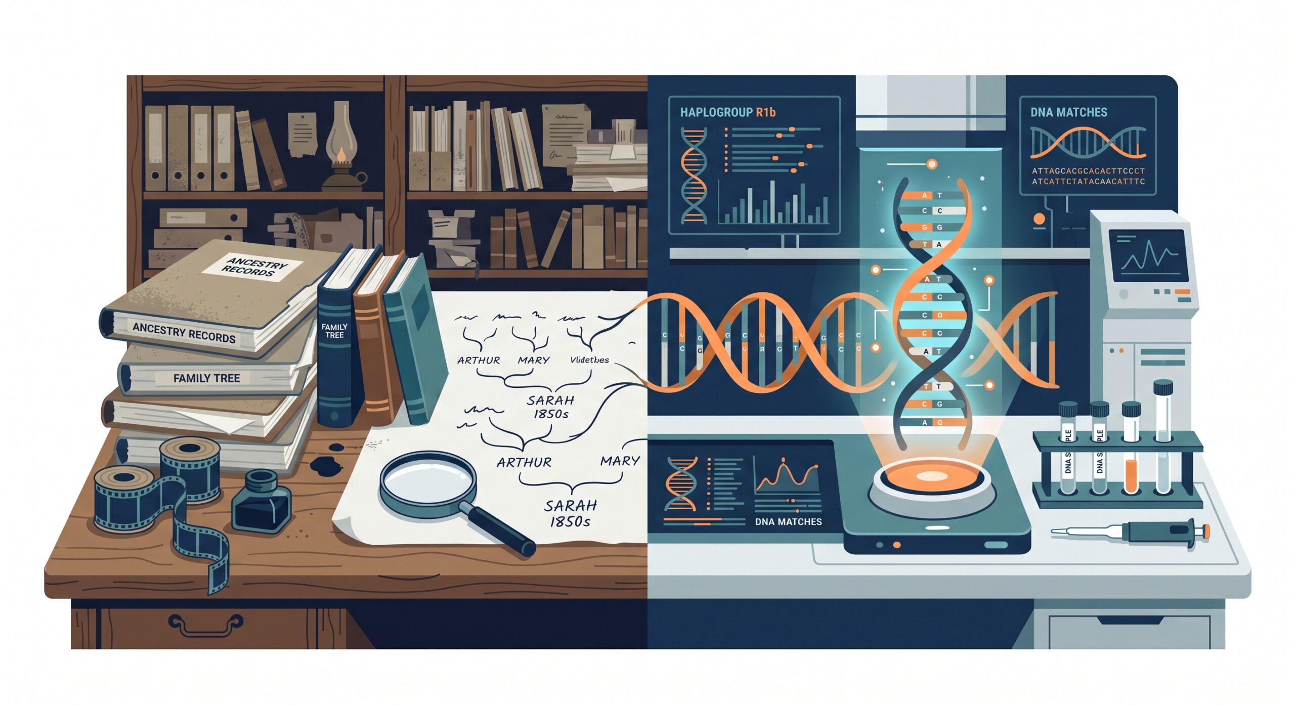 Traditional genealogy archives meet modern DNA testing in an educational illustration for beginners.