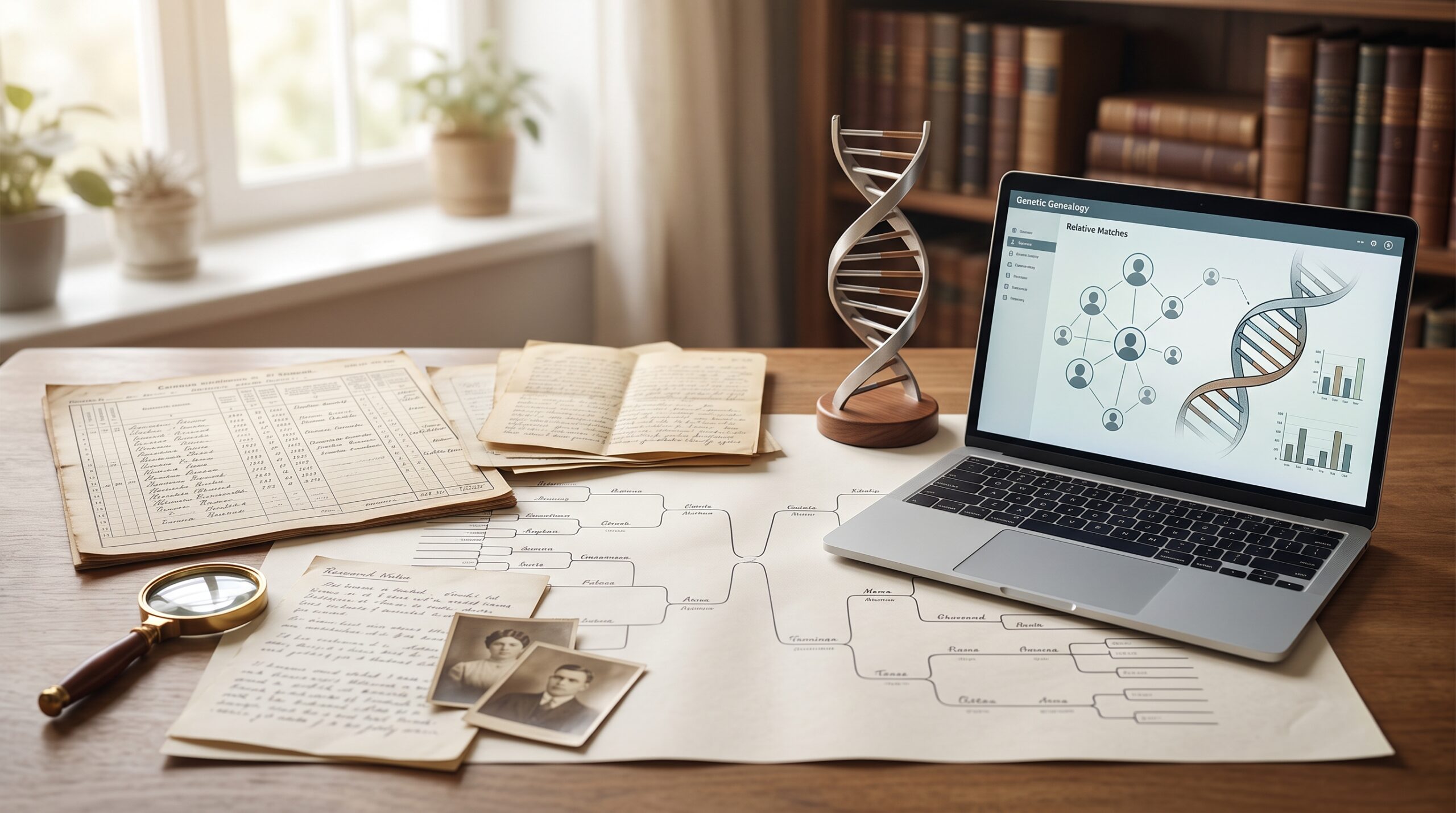 Genealogy research desk combining historical records, a family tree, photographs and DNA evidence on a laptop