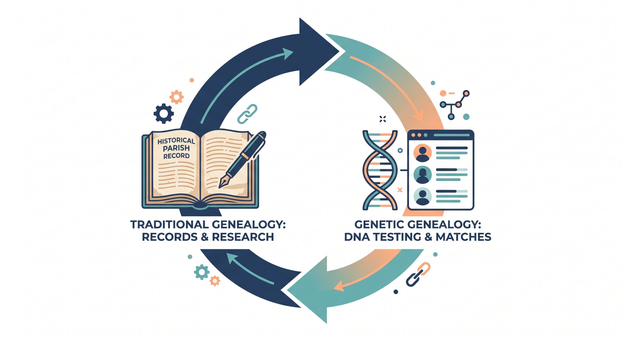 Circular diagram showing the feedback loop between DNA testing and historical parish records.