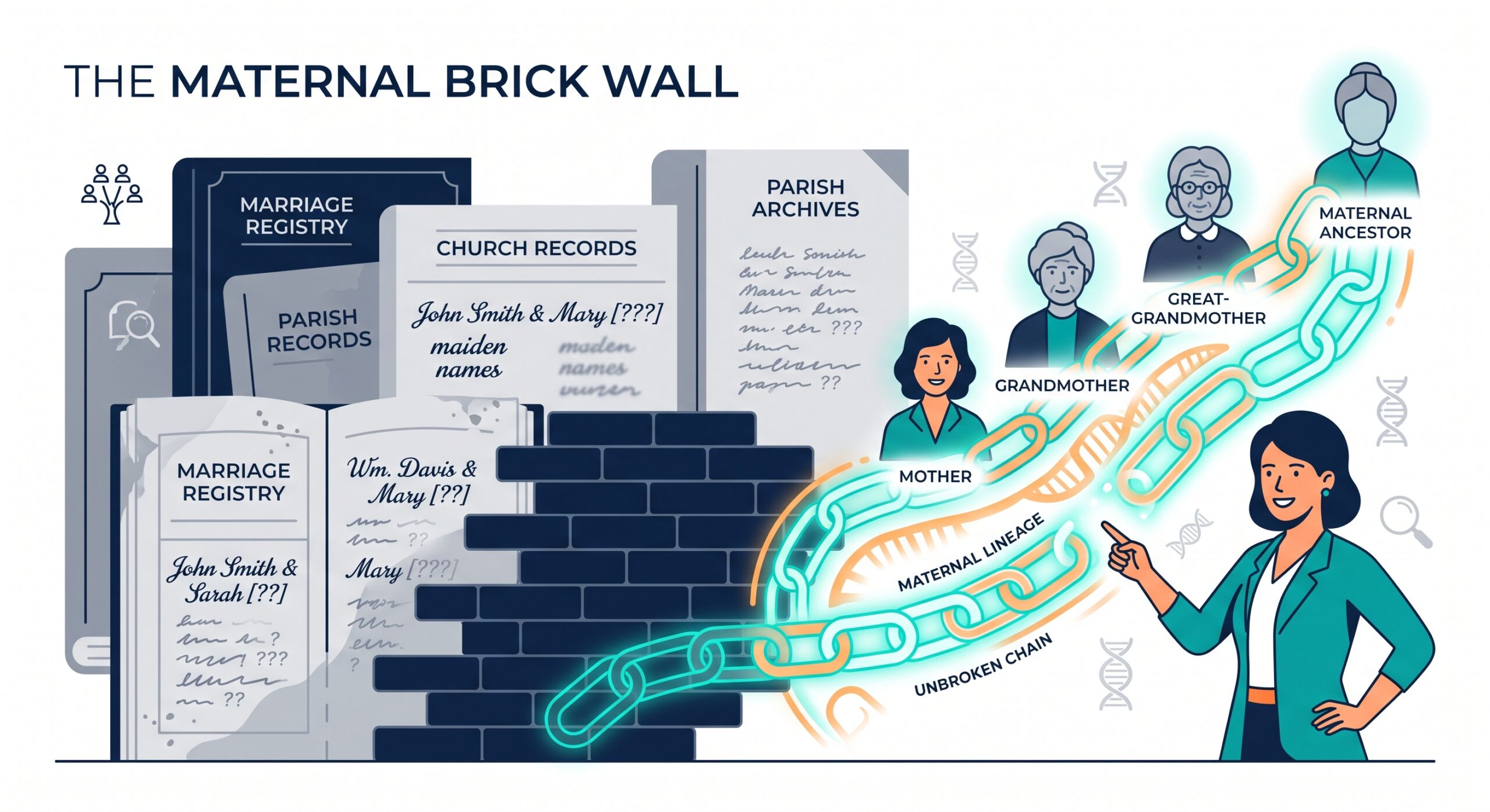 Illustration of a maternal brick wall in genealogy: women's maiden names fade in old marriage records, while an unbroken mtDNA lineage bypasses the documents.