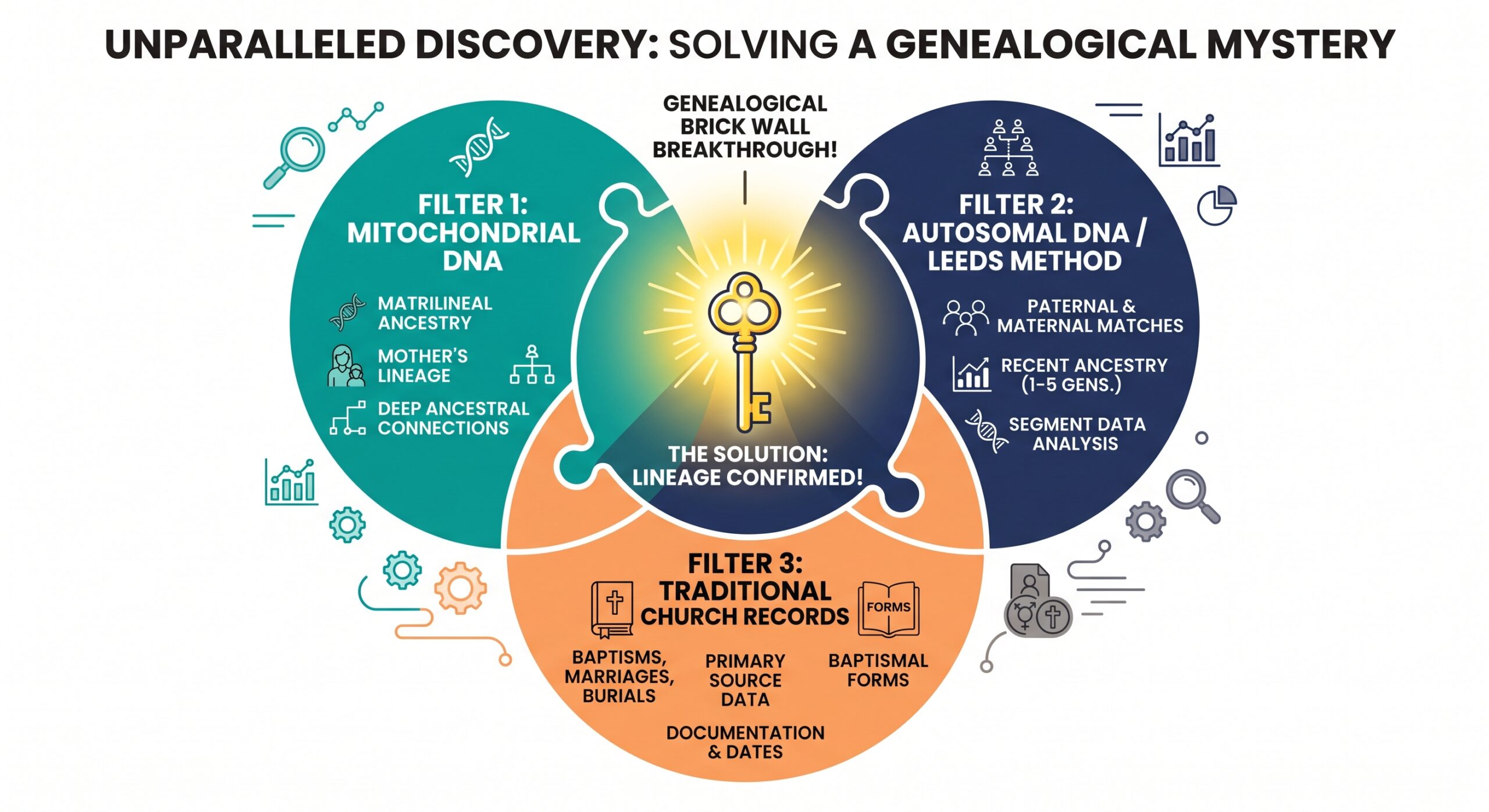 Infographic showing three overlapping filters: mtDNA (teal), autosomal DNA/Leeds method (navy), and traditional church records (orange) – their intersection forms a key, representing the solution to a genealogical brick wall.