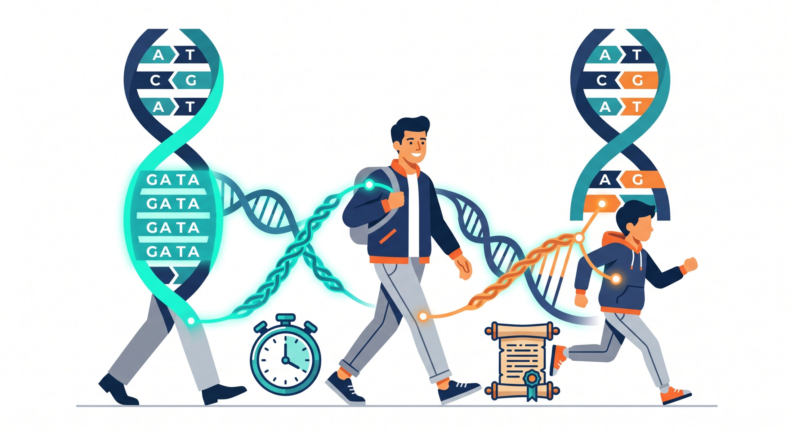 Illustration showing how surnames and the Y-chromosome are inherited in parallel from father to son across generations.
