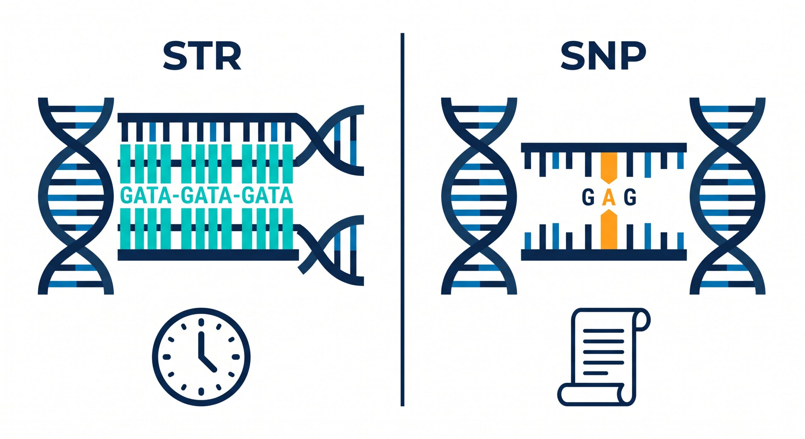 Comparative diagram illustrating the difference between STR and SNP markers on a Y-chromosome for genealogical research.
