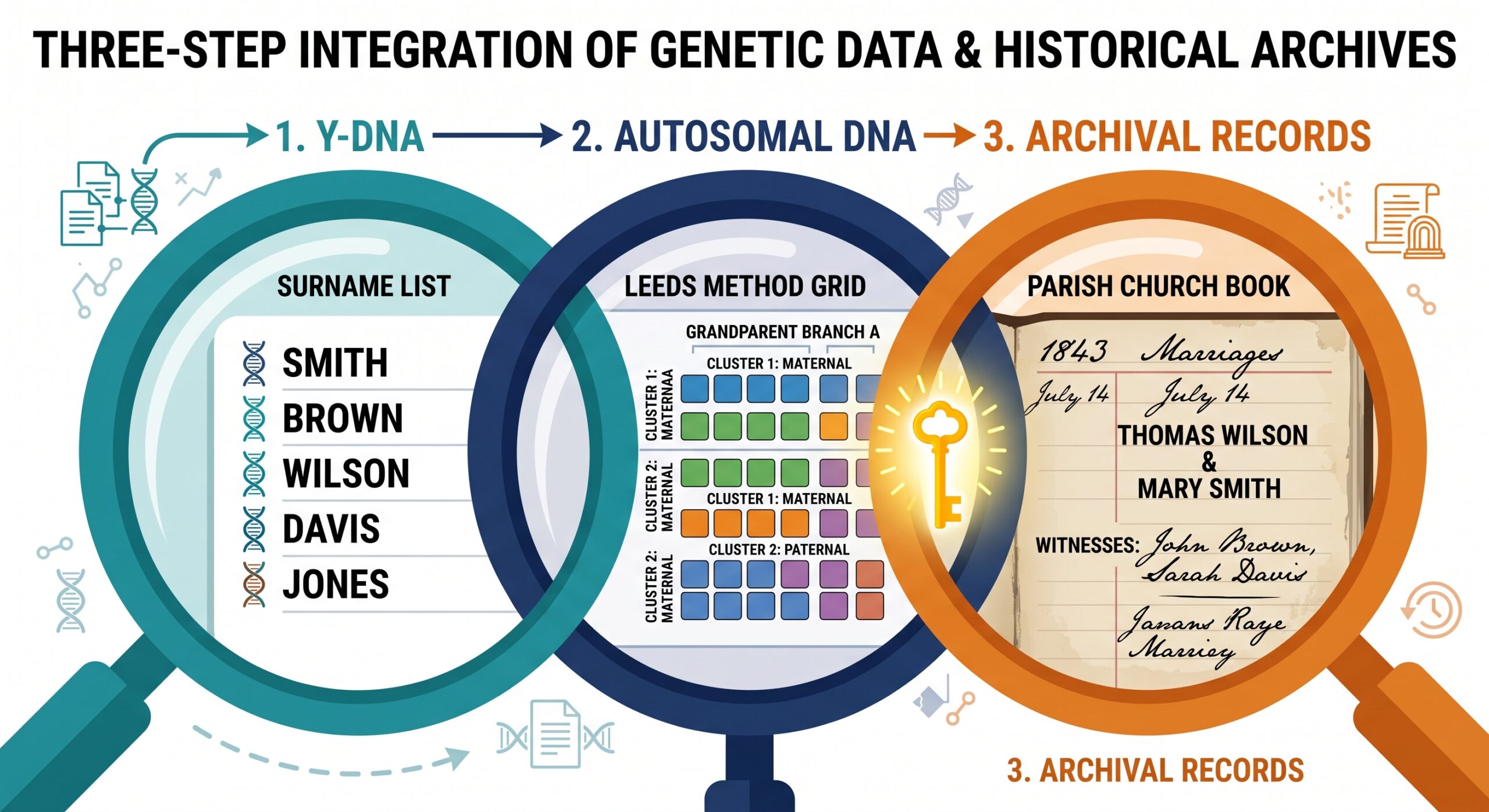 Infographic showing the forensic integration of Y-DNA, autosomal clustering, and archival records to solve genealogical brick walls.