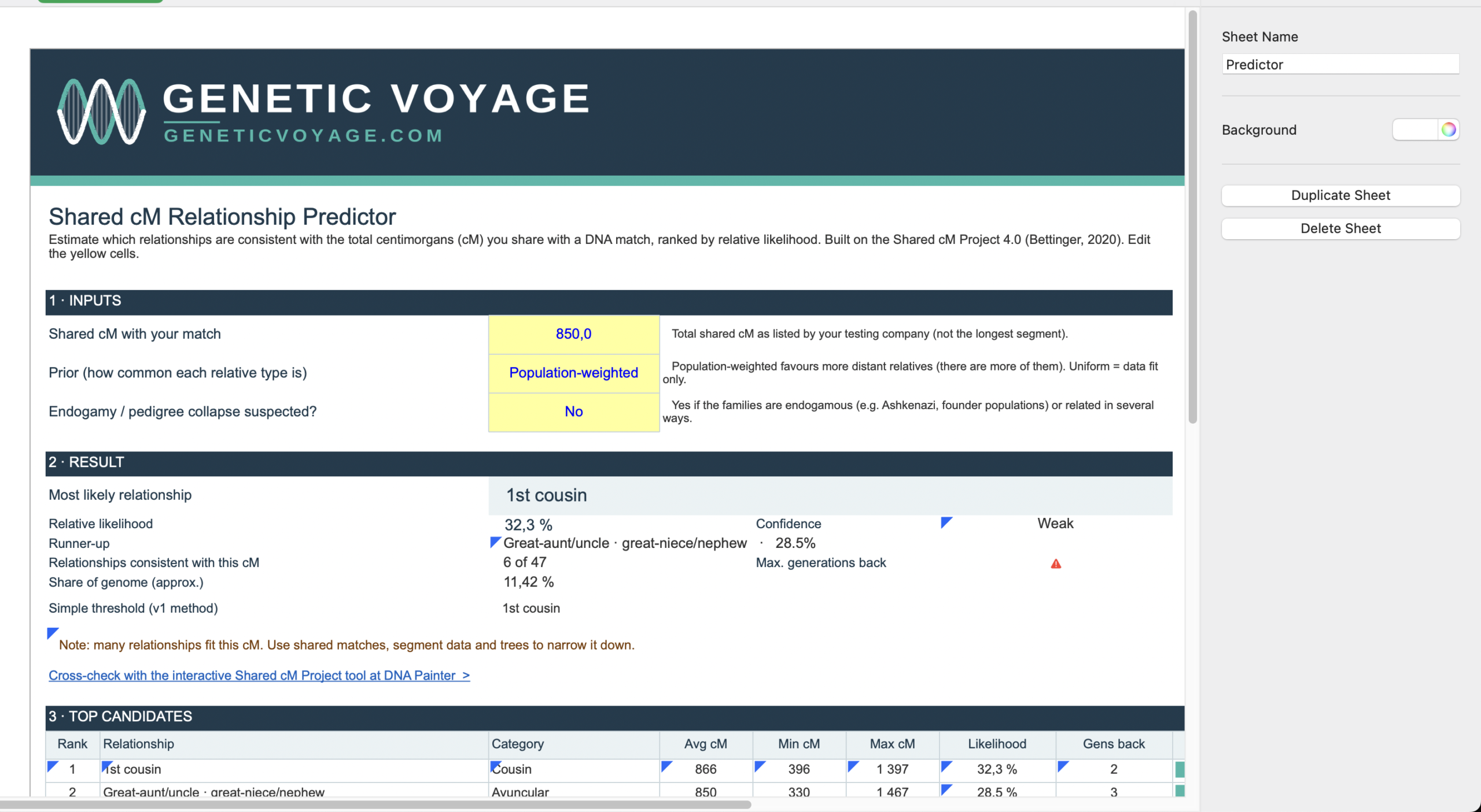 Preview of the Genetic Voyage Shared cM Relationship Predictor Excel Template showing ranked relationship candidates